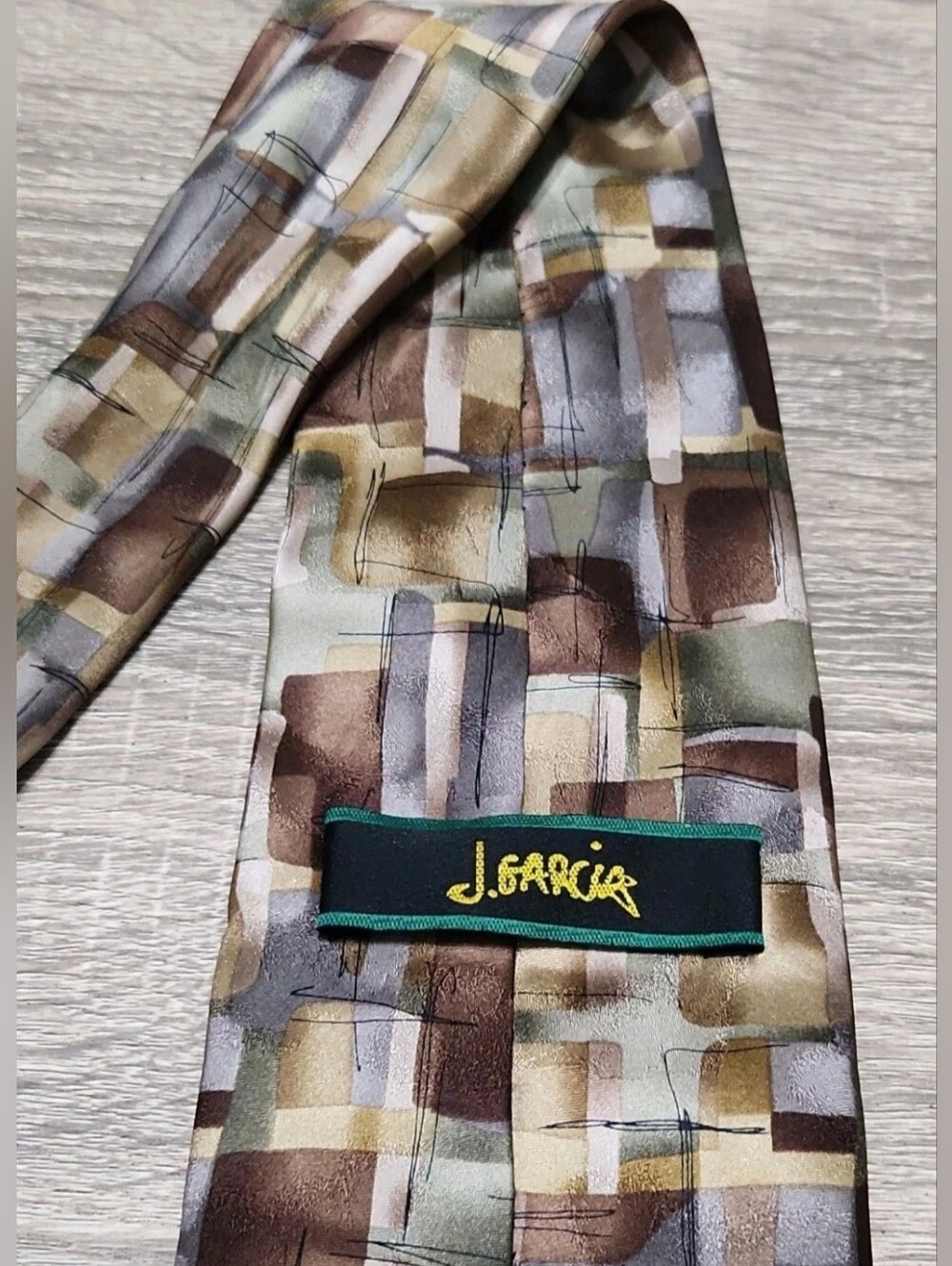 J. Garcia Silk Tie Abstract Geometric Brown Green Art Necktie 2003